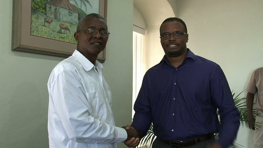 Acting Premier of Nevis and Minister of Health Hon. Mark Brantley (r) welcomes Eastern Caribbean Director of the Cuban Institute of Friendship with the Peoples (ICAP), Mr. Joaquin Lacke Portuando